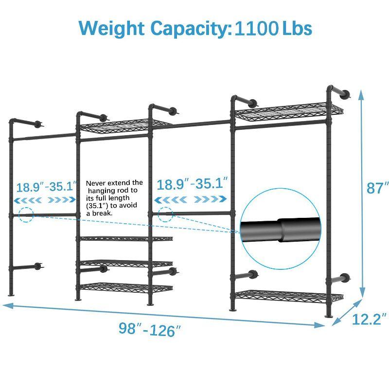 Timate F4 Wall Mounted Clothes Rack Industrial Pipe Clothing Rack , Expandable Garment Rack Heavy Duty Wardrobe Closet, Adjustable Closet, Black