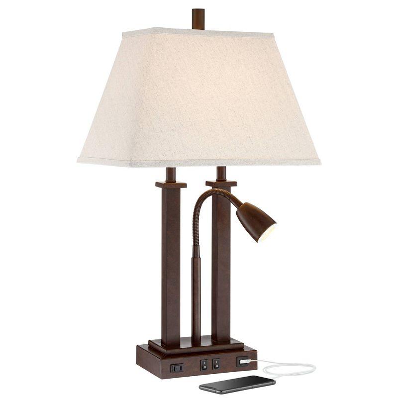 Bronze Adjustable Arc Desk Lamp with USB and Power Outlet