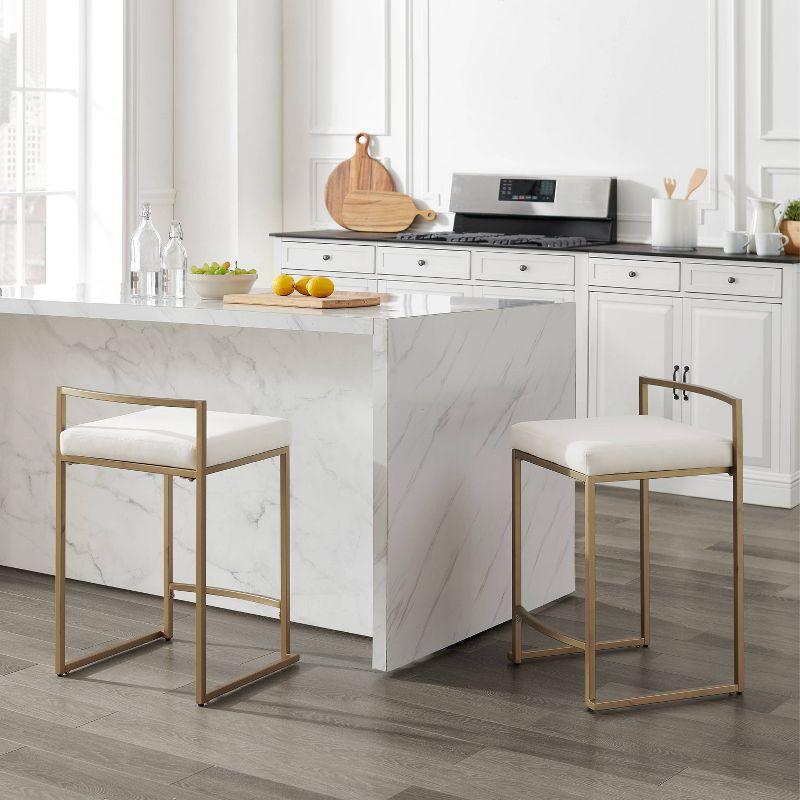 Elegant Creme Velvet and Gold Metal Counter Height Barstools, Set of 2