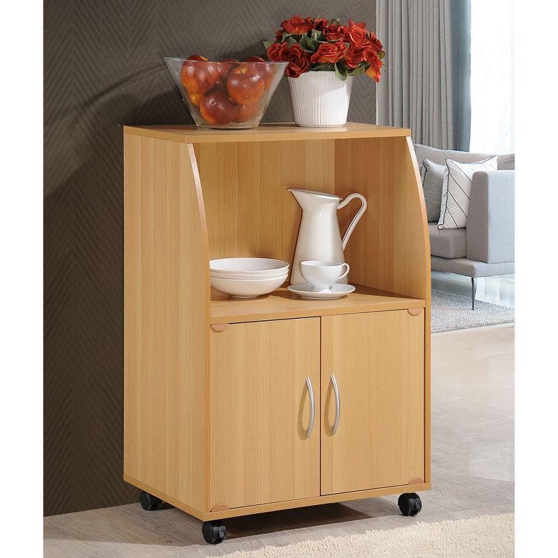 Hodedah Wooden Miniature Kitchen Microwave Island Cart with Locking Wheels for Easy Mobility and Double Door Cabinet Storage, Beech