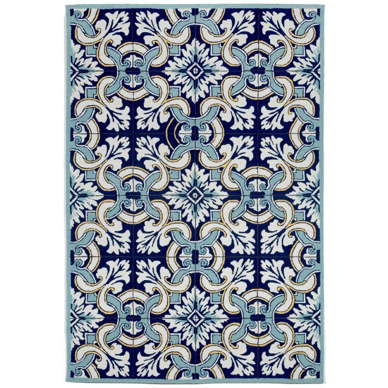 Blue Floral Tufted Rectangular Indoor/Outdoor Rug