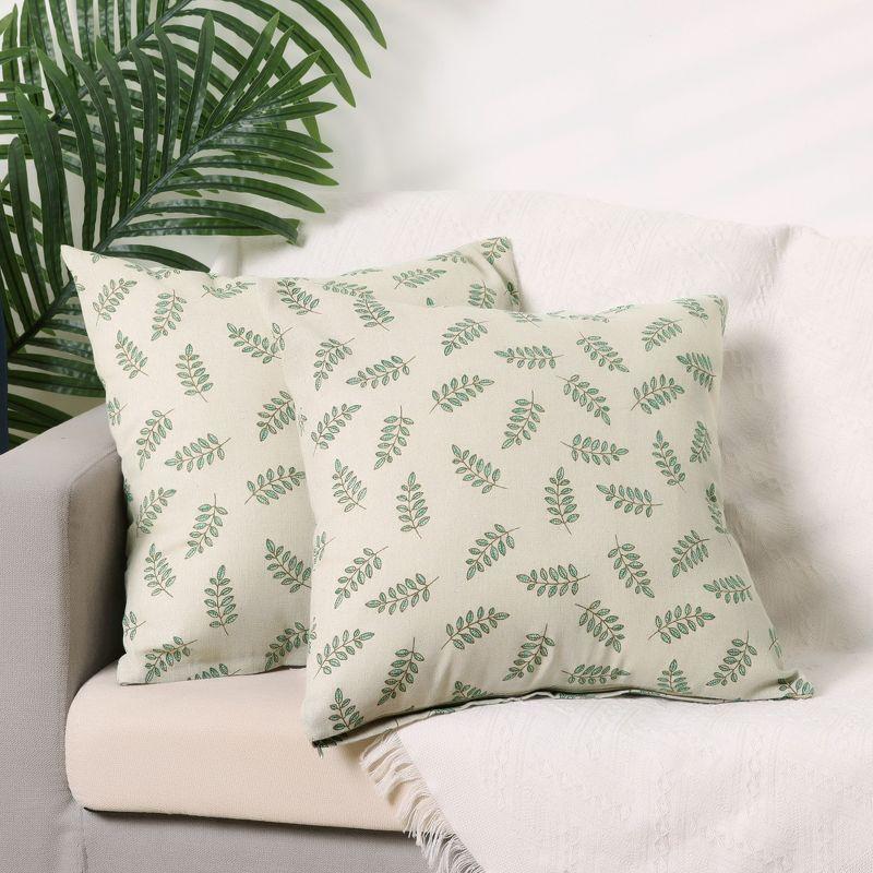 Leaf-Printed Beige and Green Cotton Pillow Covers 20'' x 20''