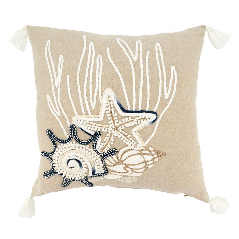 Beige Embroidered Coastal 18" Cotton Throw Pillow