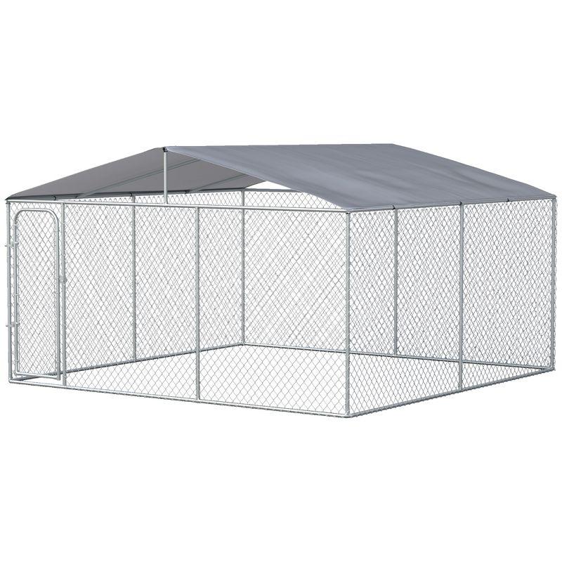 PawHut Outdoor Metal Dog Kennel, Pet Playpen with Steel Lock, Mesh Sidewalls and Cover for Backyard & Patio