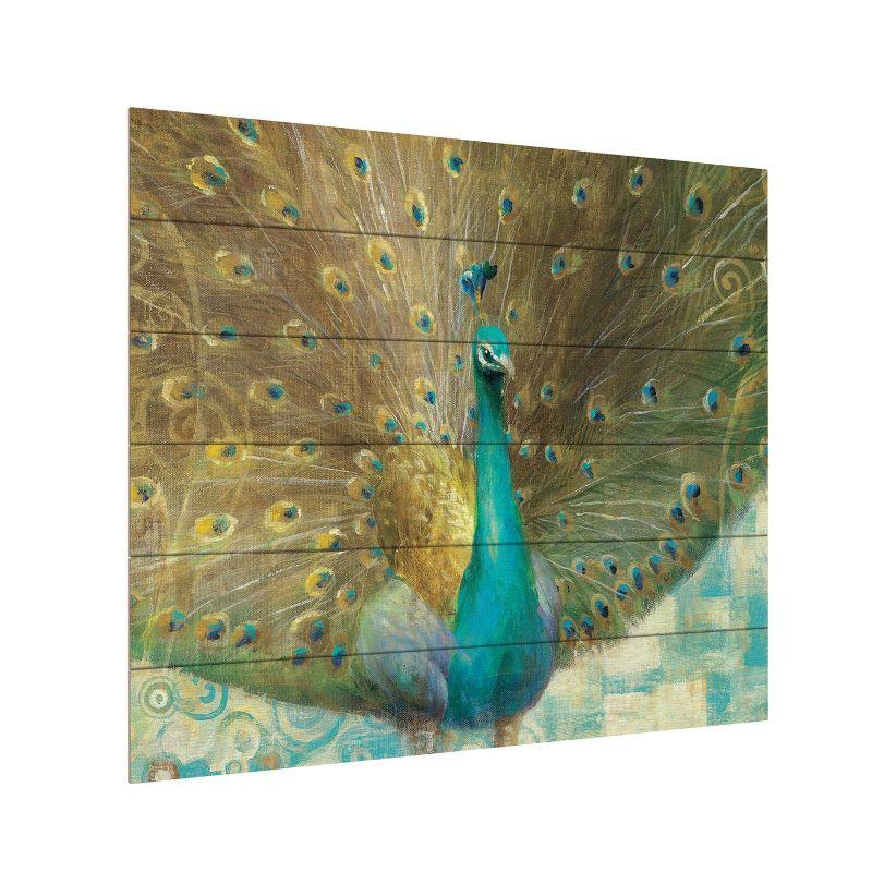 Teal Peacock on Gold Mixed Media Canvas Art