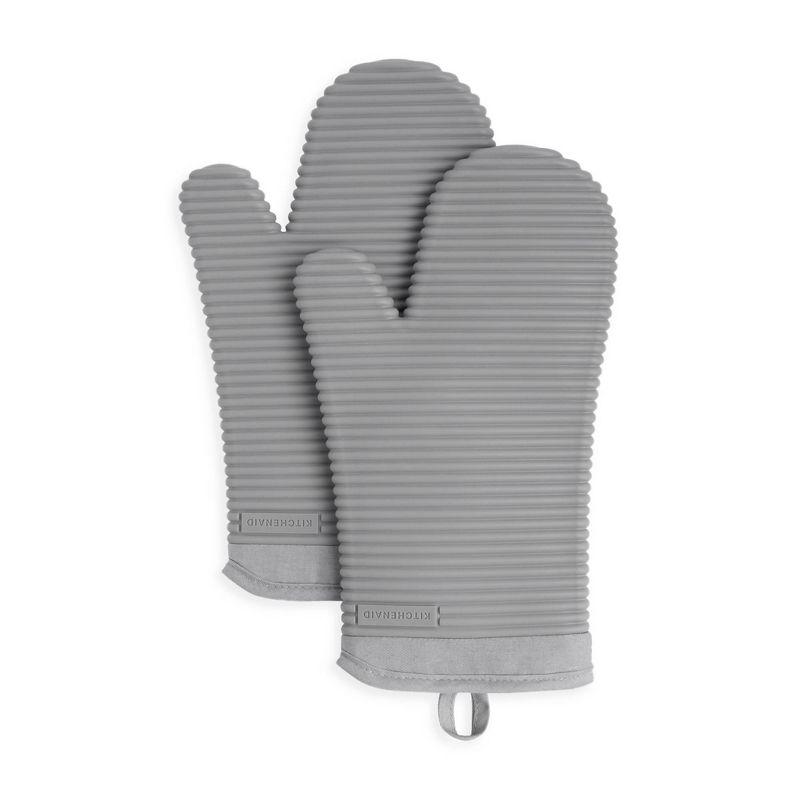 KitchenAid Matte Grey Ribbed Soft Silicone Oven Mitts, Set of 2
