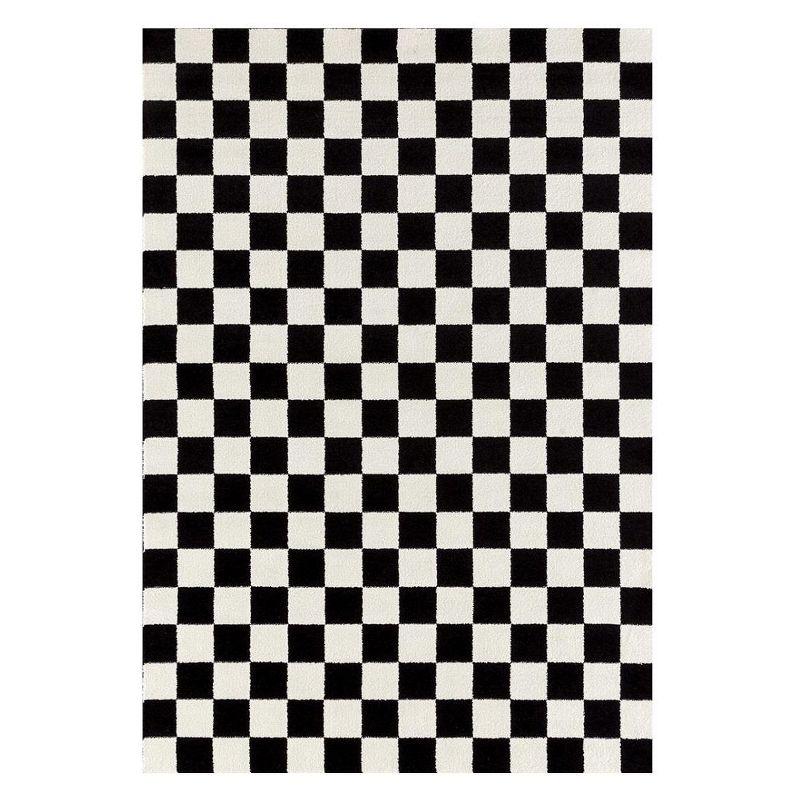 Black and White Geometric Checkered Synthetic Area Rug