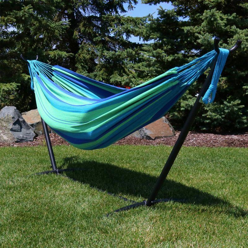 Sunnydaze Indoor/Outdoor Portable Brazilian Double Hammock with Stand and Carrying Pouch - 400 lb Weight Capacity - Beach Oasis