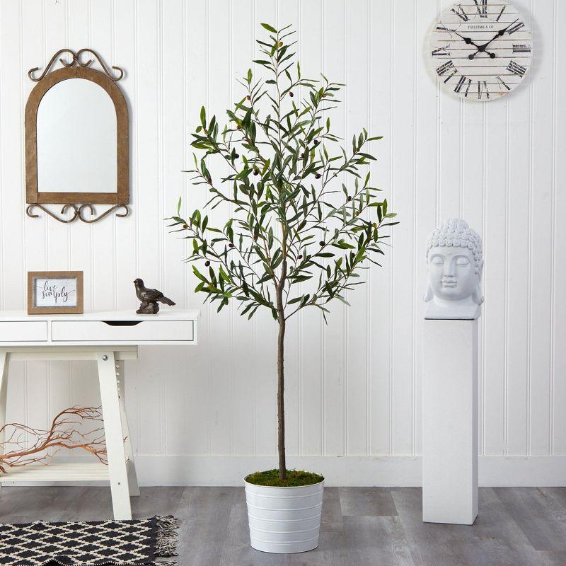 Nearly Natural 70-in Olive Artificial Tree in White Tin Planter