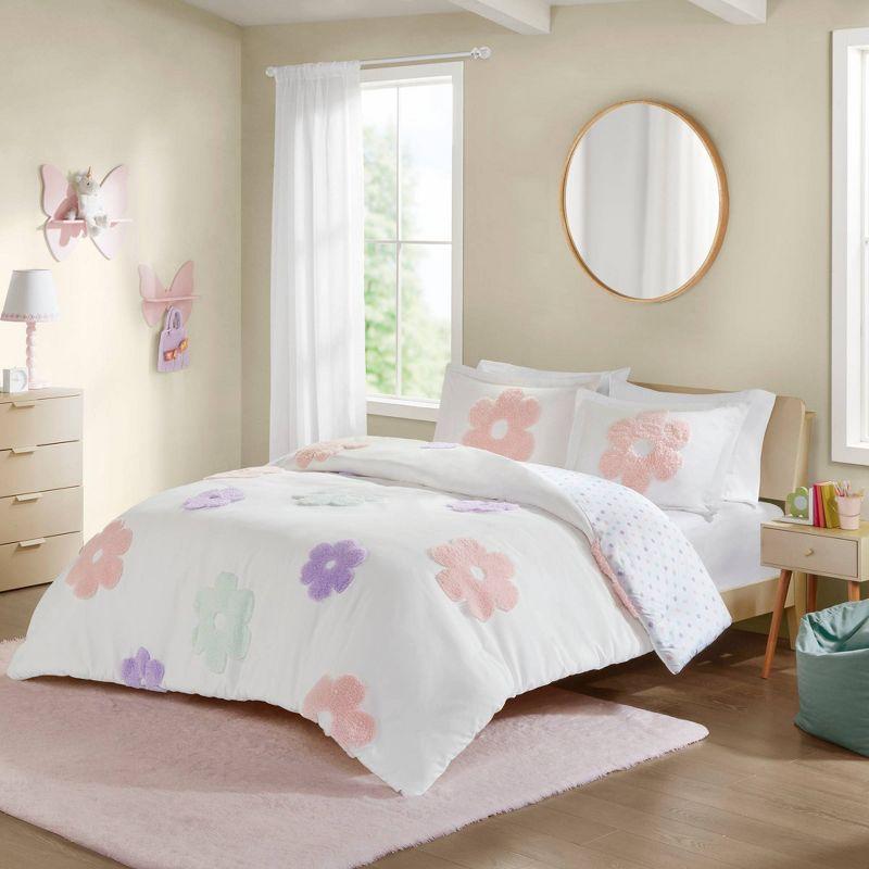 Full/Queen Multicolor Floral Chenille Kids Duvet Cover Set