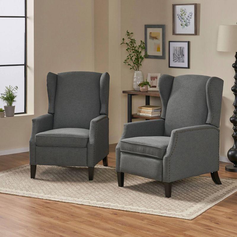 Set of 2 Charcoal Fabric Wingback Recliners with Wood Legs