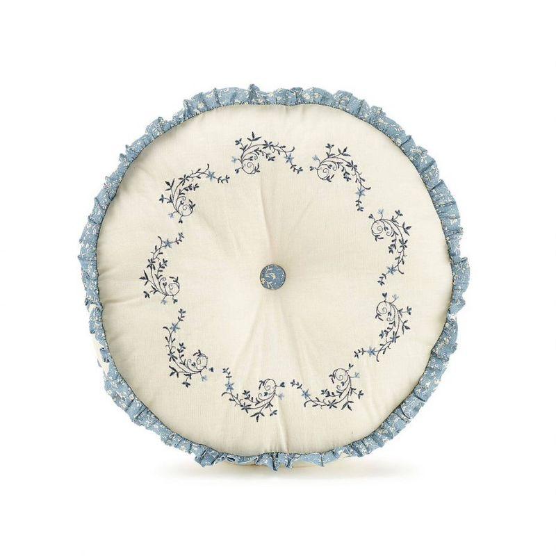 Charlotte 14'' Round Embroidered Blue and White Decorative Pillow