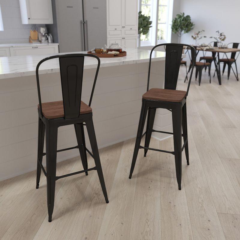 Industrial Black Metal Bar Stool with Wood Seat