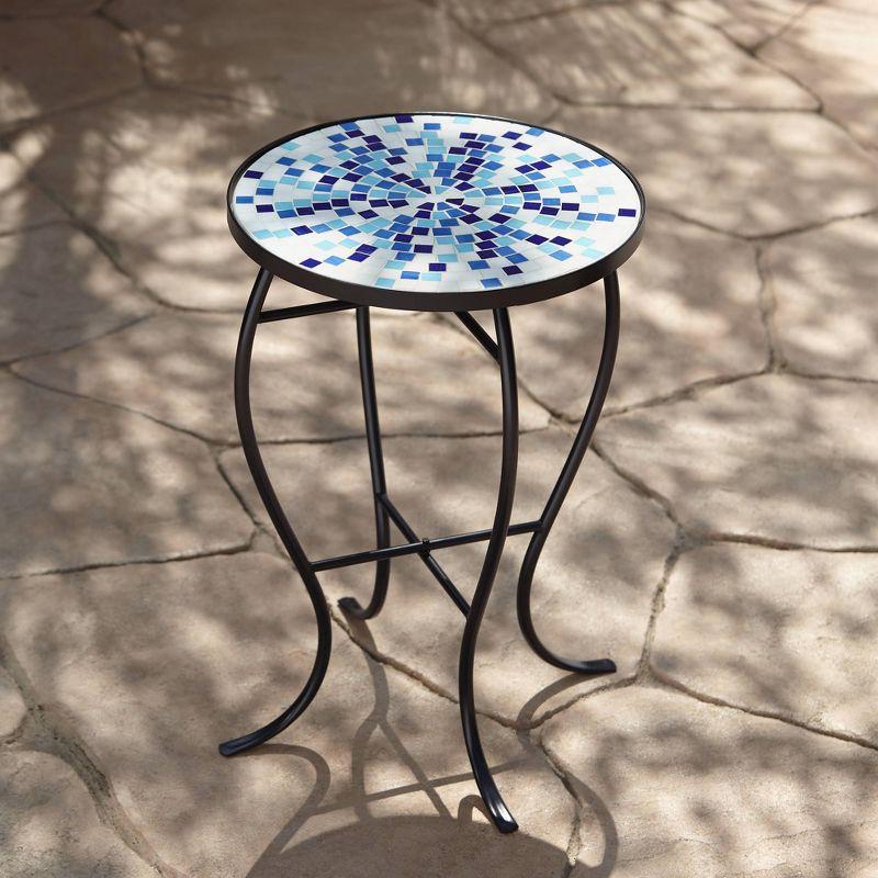 Teal Island Designs Modern Black Round Outdoor Accent Side Table 14" Wide Multi Blue Mosaic Tabletop for Front Porch Patio House Balcony