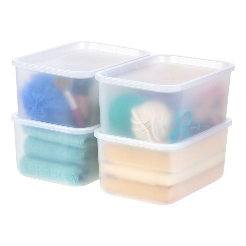 IRIS USA Small Plastic Modular Storage Basket with Lid, 4-Pack, Stackable, Pearl