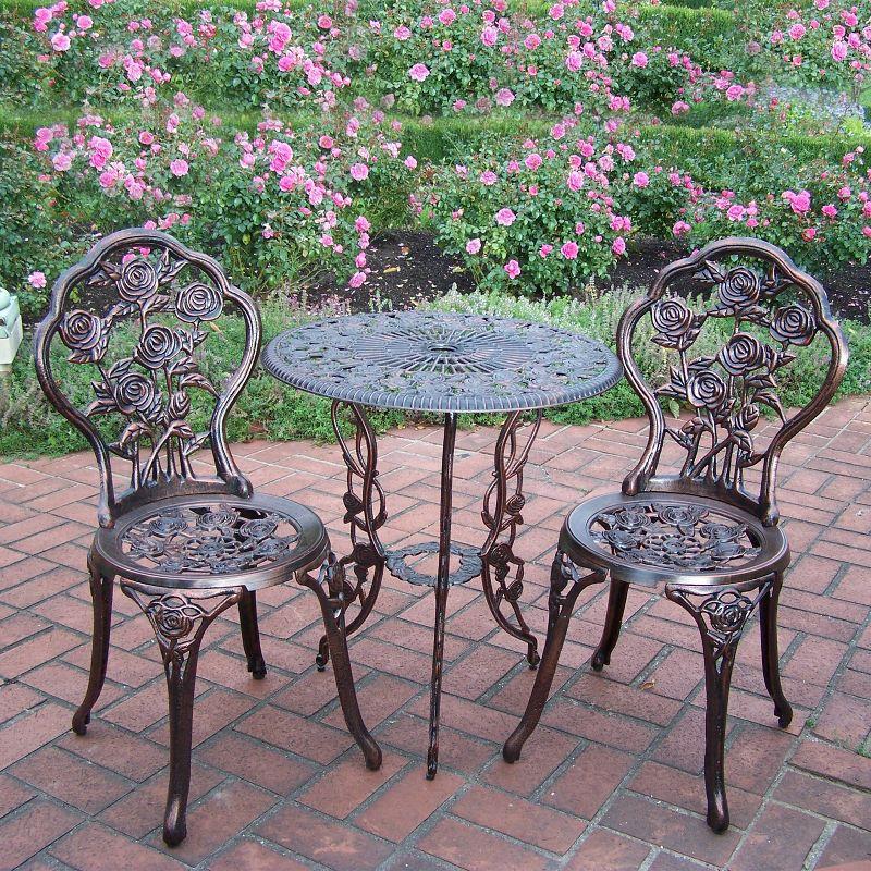 3pc Rose Cast Metal Set with Cast Aluminum Table Top & Chairs - Oakland Living