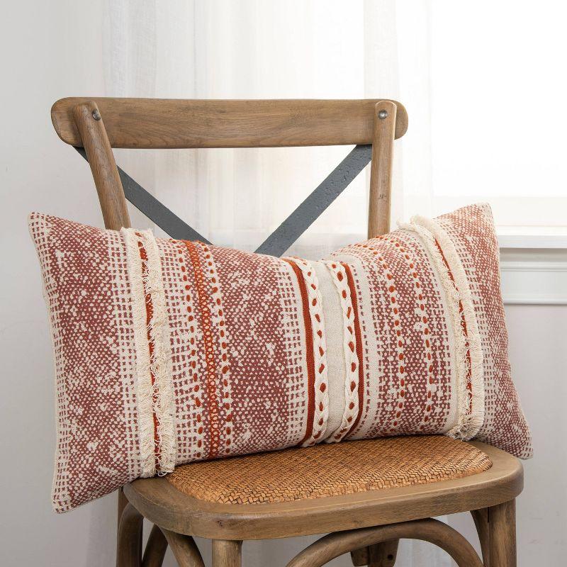 14"x26" Oversized Poly Filled Striped Lumbar Throw Pillow Rust - Rizzy Home: Cotton Canvas, Indoor Use, Zipper Closure