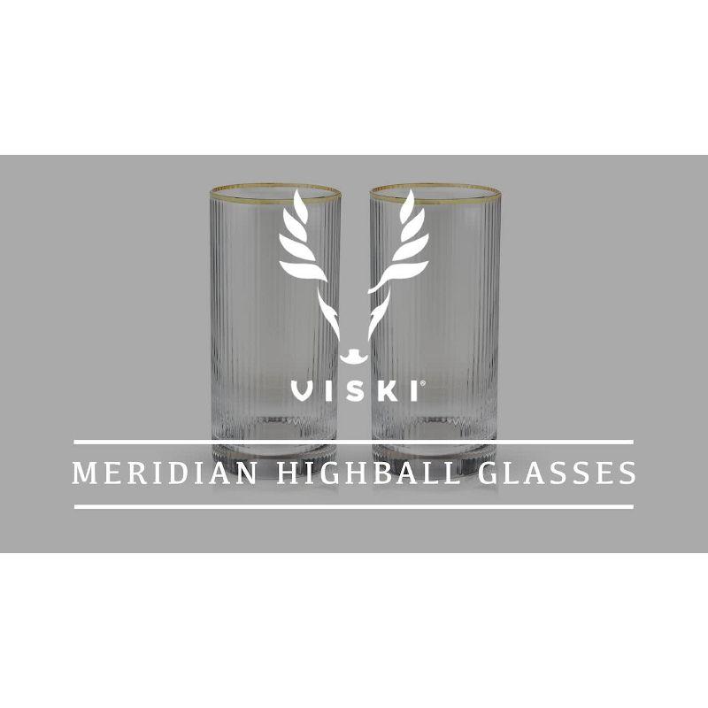 Viski Meridian Highball Glasses Set of 2 - Vintage Drinking Glass, Art Deco Ripple Glassware Design, 15oz Gold Rimmed Collins Glasses Set, Clear