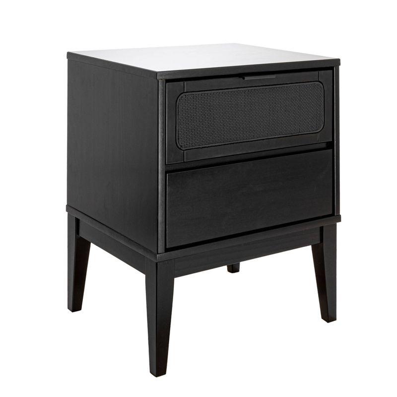 Black Wood Nightstand with Woven Cane Detail and 2 Drawers