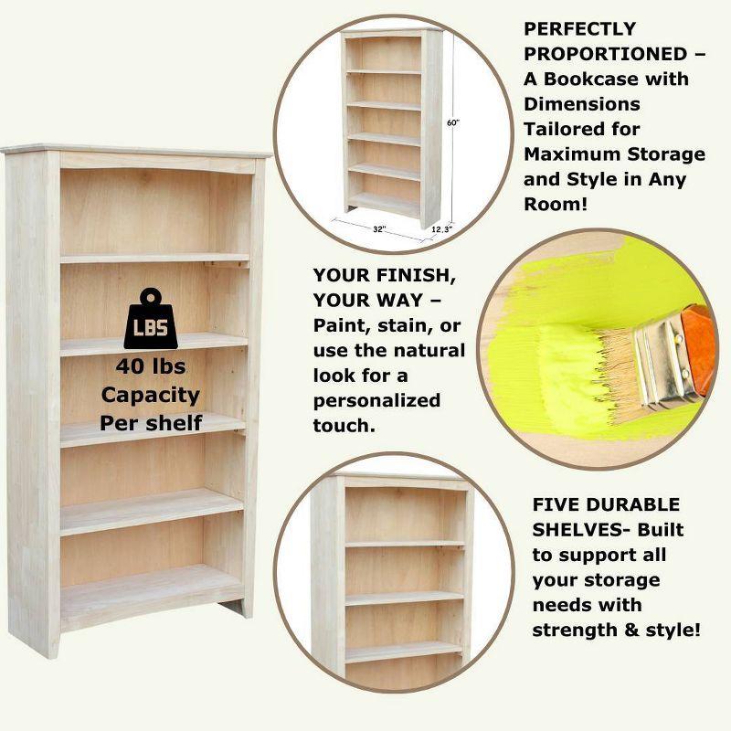 60" Shaker Bookshelf Unfinished - International Concepts: Solid Parawood, 5-Shelf Storage