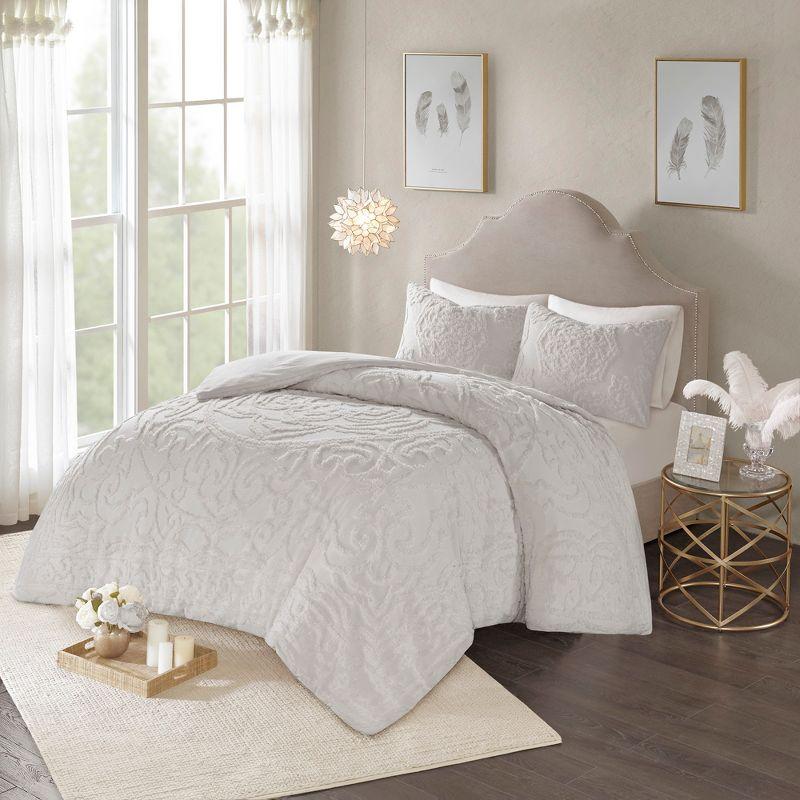 Gray Tufted Cotton Chenille Medallion King/Cal King Duvet Set