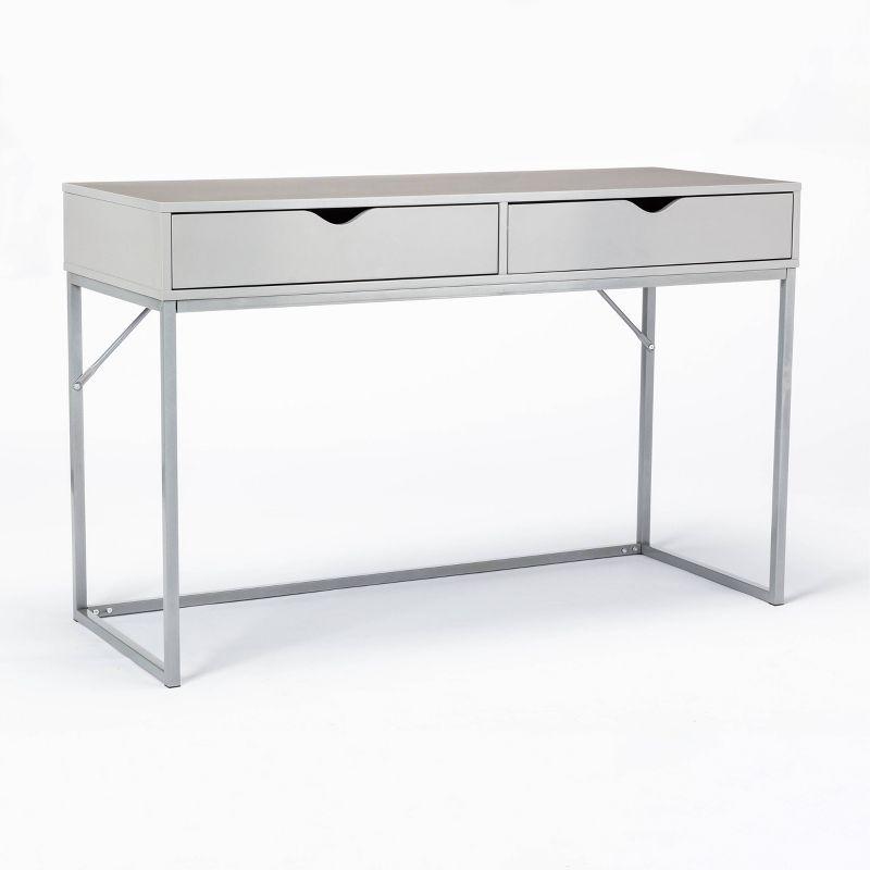 Contemporary Gray Wood Writing Desk with Drawer and Metal Base