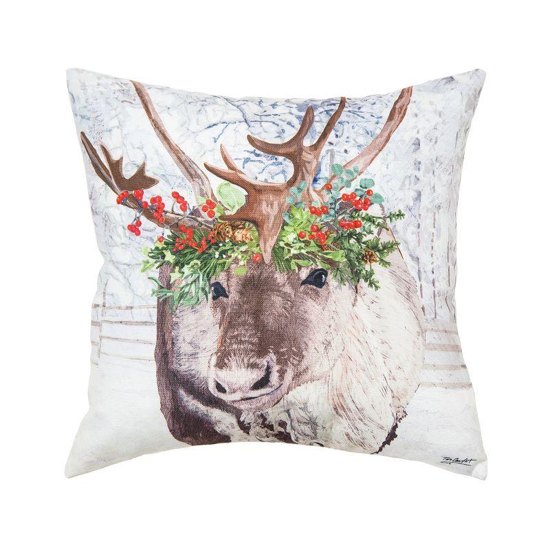 Reindeer Holly Flower Crown Christmas Throw Pillow