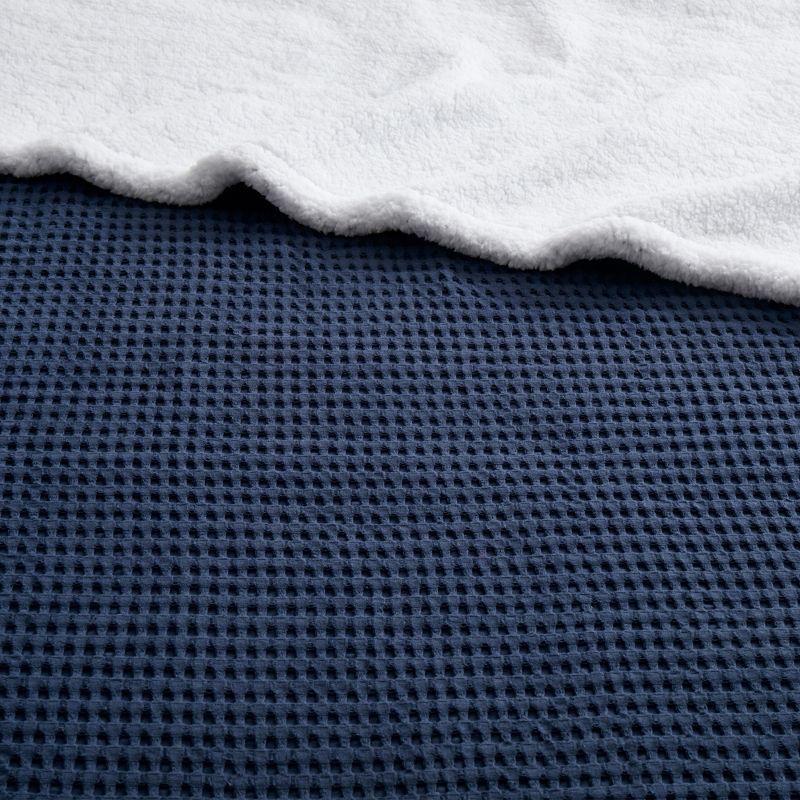 Navy Cotton Waffle-Quilt Reversible Sherpa Throw Set