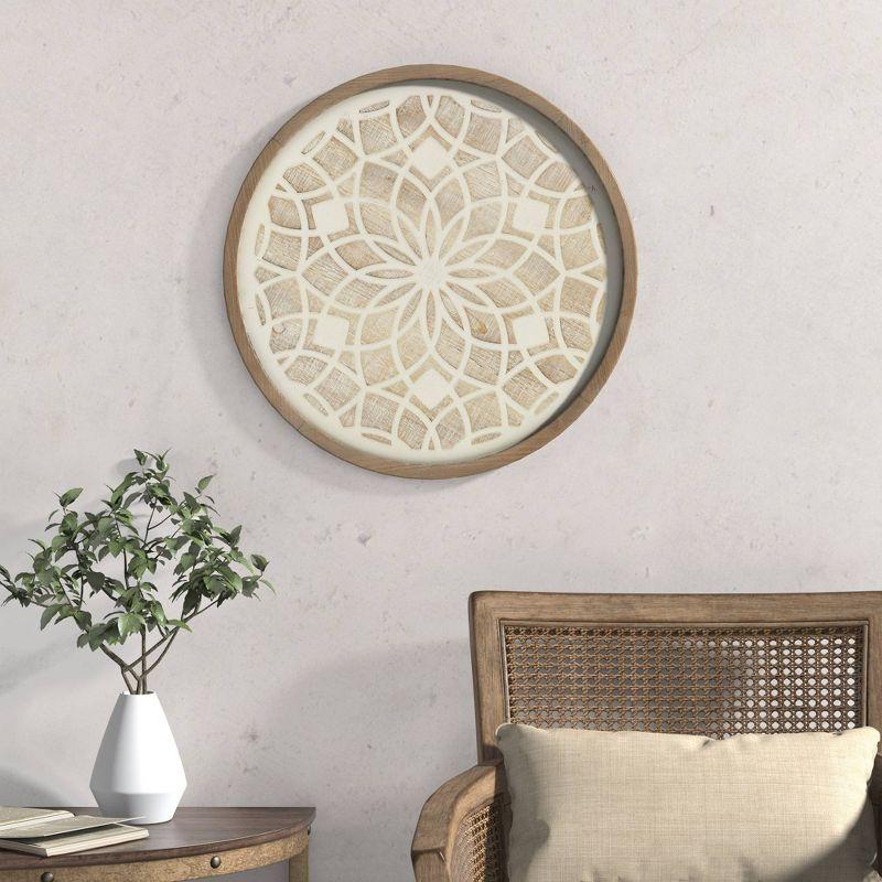 Natural White Carved Wood Round Medallion Wall Sculpture