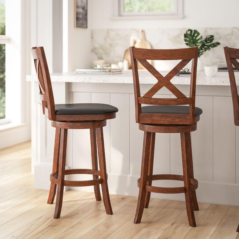 Merrick Lane 30" Classic Wooden Crossback Swivel Bar Height Pub Stool with Upholstered Padded Seat and Integrated Footrest