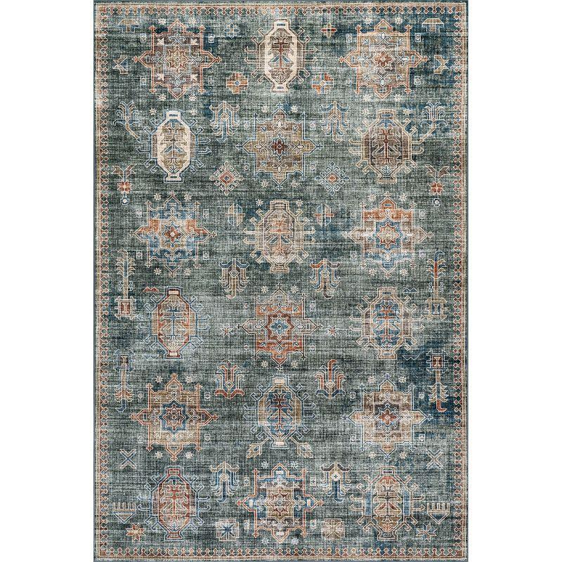 Philomena Green Medallion Washable Synthetic Area Rug 4' x 6'