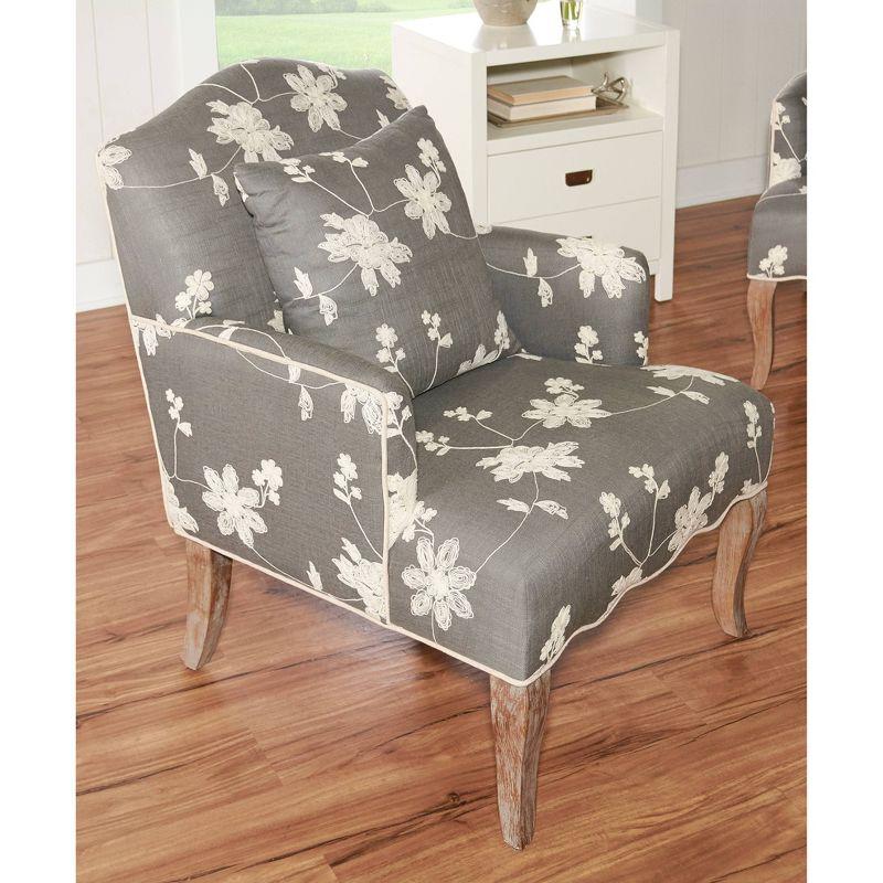 Traditional Floral Upholstered Embroidered Linen French Accent Armchair - Gray - Linon