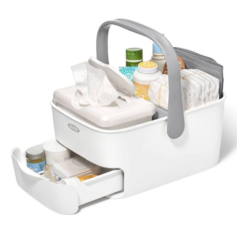 Gray and White Portable Diaper Caddy with Changing Mat