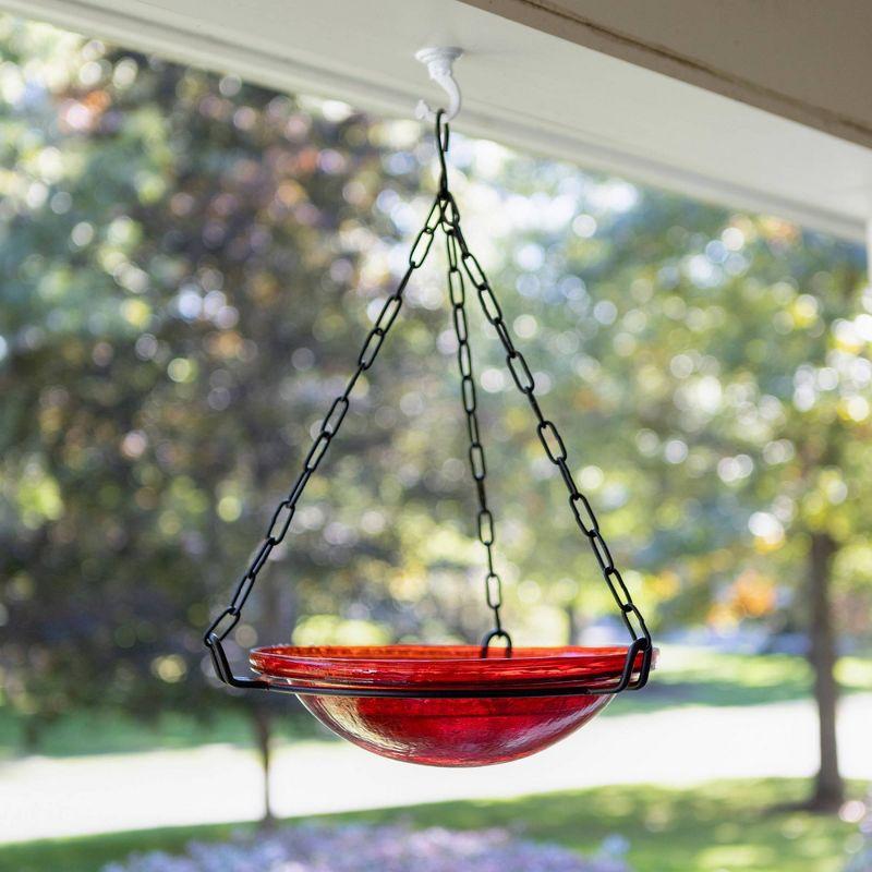 12.5" Tall Crackle Glass Hanging Birdbath Bowl Red - Achla Designs: Weather-Resistant, No Assembly, Iron Chain