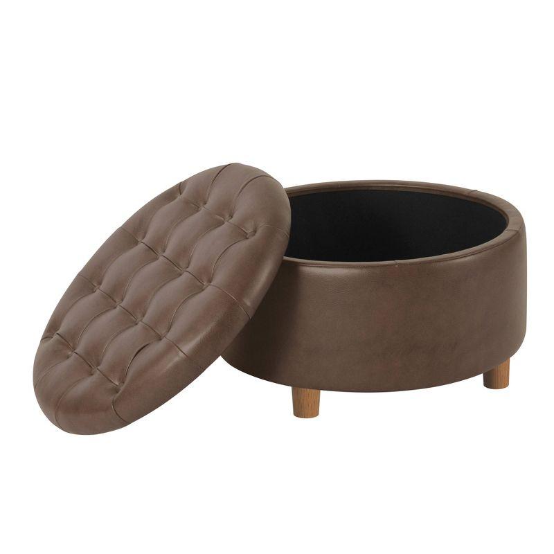 HomePop Tufted Faux Leather Round Storage Ottoman Brown: Upholstered Traditional Decor, Hardwood Frame