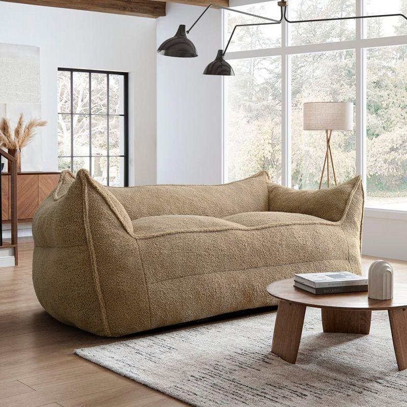 Khaki Teddy Fabric Upholstered Bean Bag Loveseat Sofa