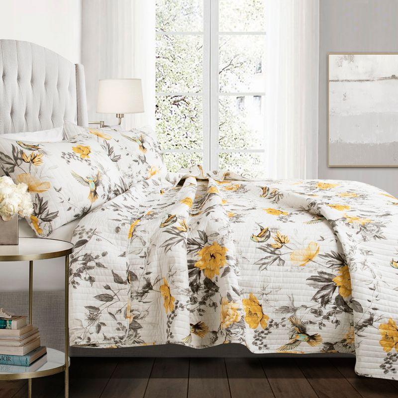 Gray and Yellow Cotton Floral Reversible Full Quilt Set