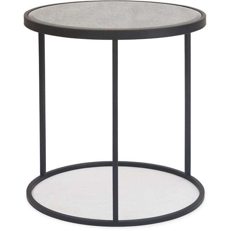 Antiqued Mirrored Round Glass and Metal Side Table