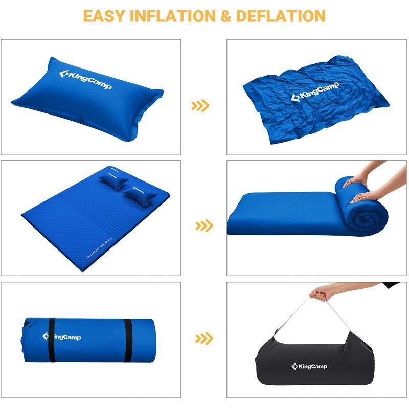 KingCamp Double Self Inflating Compact Folding Ultralight Outdoor Camping Sleeping Mattress Pad with 2 Pillows and Carry Bag, Blue