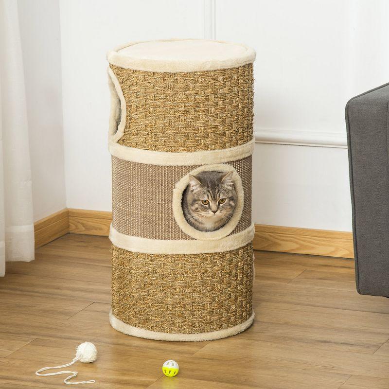 Khaki and Beige Sisal 3-Story Cat Condo with Scratching Pad