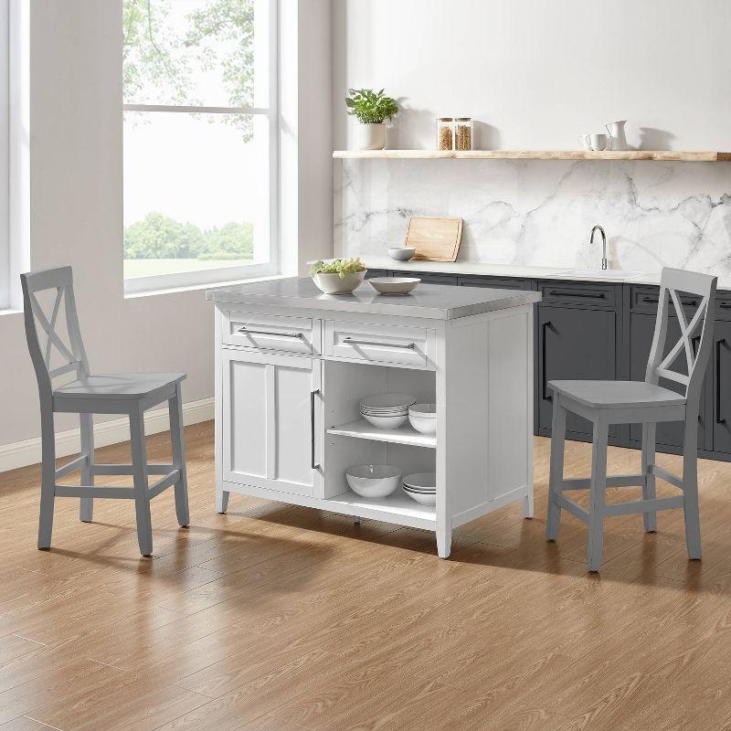 Silvia Stainless Steel Top Kitchen Island with X Back Stools White/Gray - Crosley