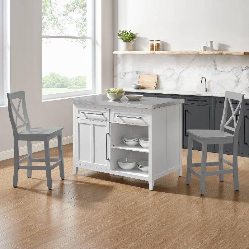 Silvia 51'' White and Gray Kitchen Island with Stainless Steel Top and X-Back Stools