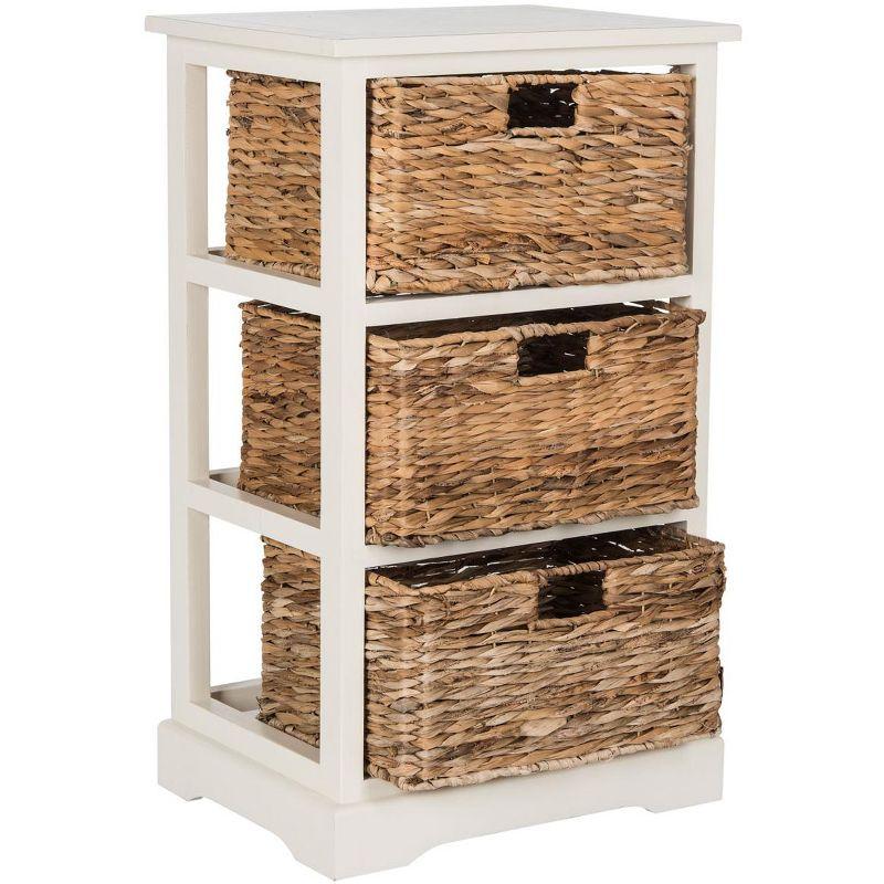 Distressed White Pine Wood 3-Drawer Side Table with Wicker Baskets