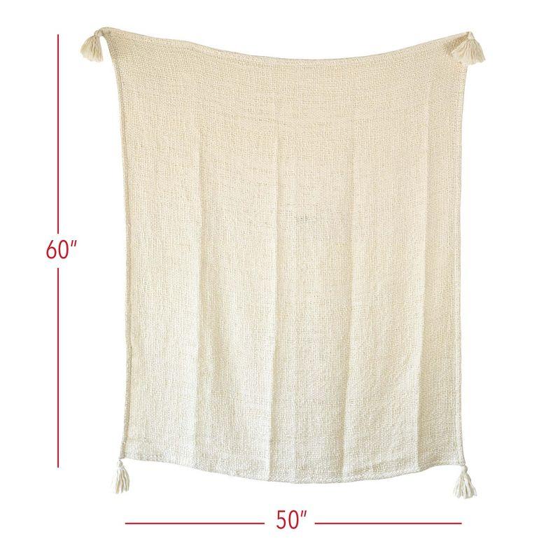 Hand Woven Tasseled Throw Blanket Cream Polyester by Foreside Home & Garden