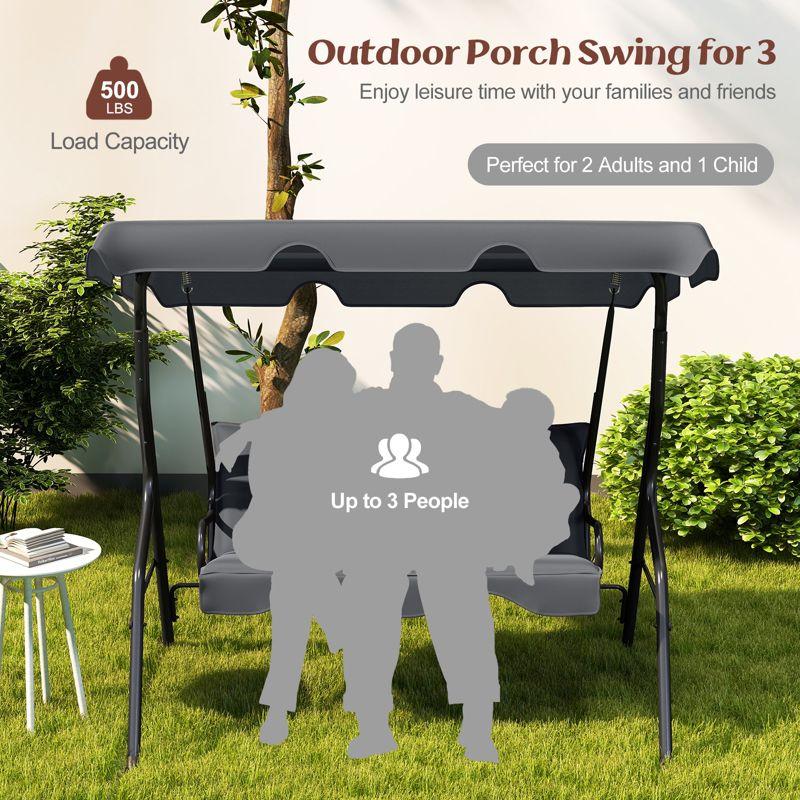 Costway Patio 3 Seats Canopy Swing Glider Hammock Steel Frame Cushioned Backyard Grey