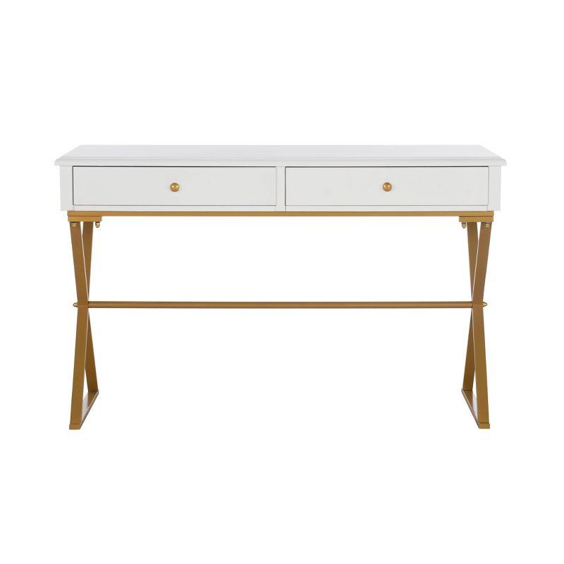 Trestle-Style White and Brass 2-Drawer Campaign Desk