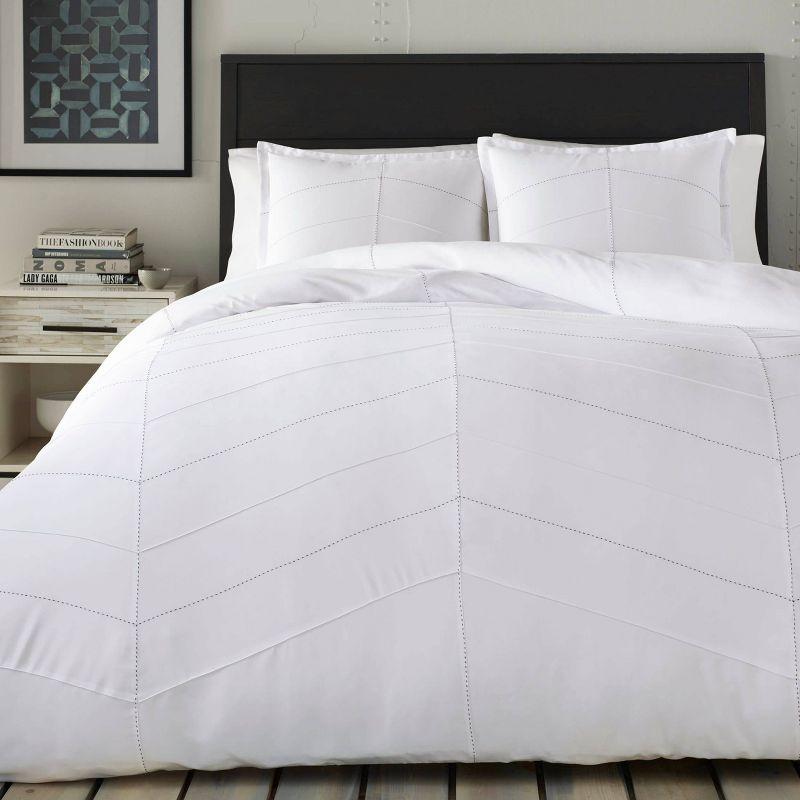 White Chevron Pintuck Full/Queen Duvet Cover Set