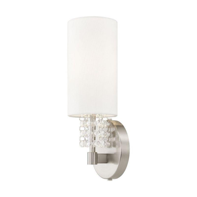 Brushed Nickel Crystal Sconce with White Fabric Shade