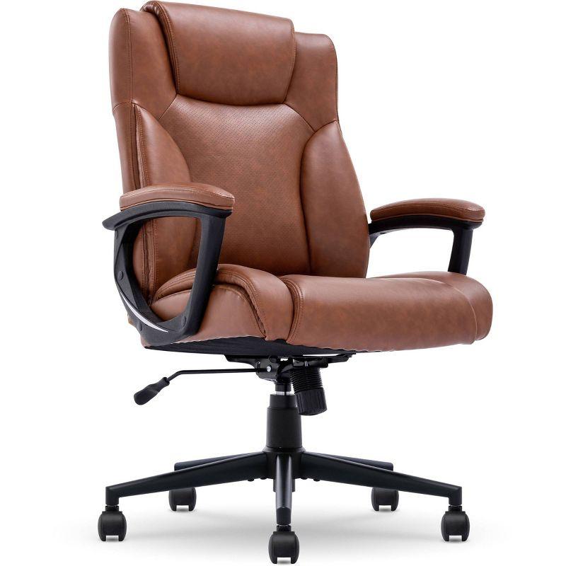 Cognac Bonded Leather Executive Swivel Chair with High Back and Fixed Arms