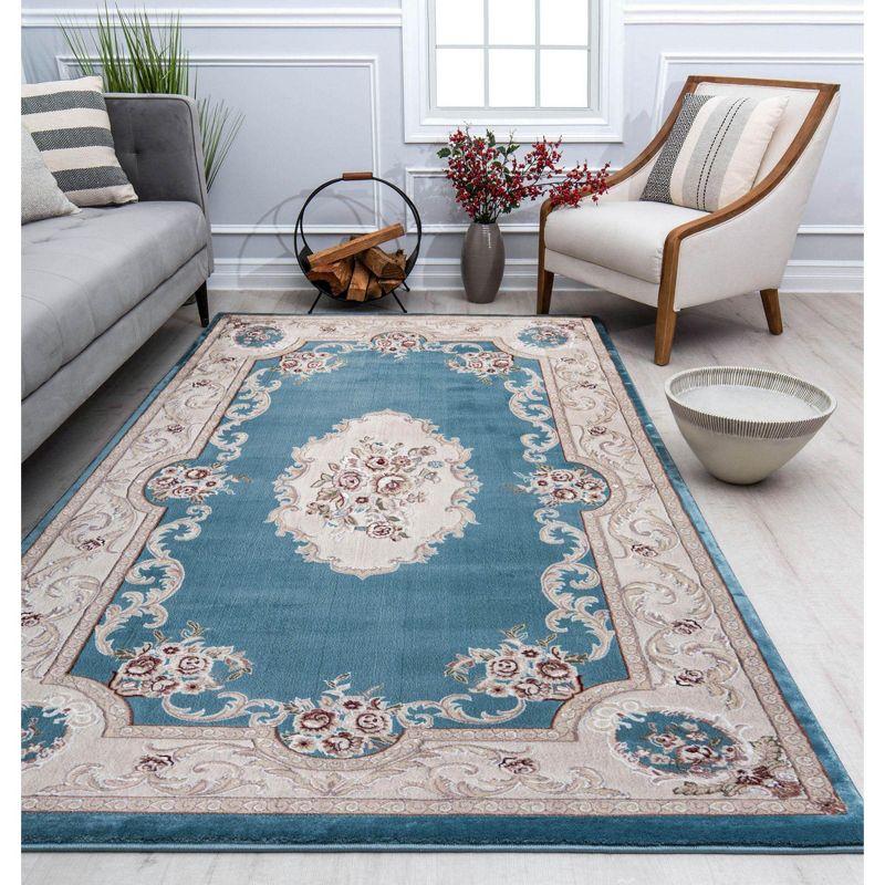 Aubusson Blue and Taupe 5' x 5' Transitional Vintage Area Rug